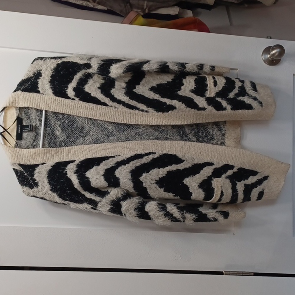Zebra stripes animal print furry black cream long cardigan sweater